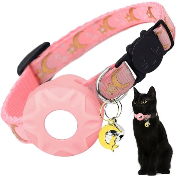 Halsband mit Halterung für AirTag für Katzen und kleine Hunde Verstellbares, bequemes Halsband mit Druck von Mond und Sternen Farbvarianten Robustes