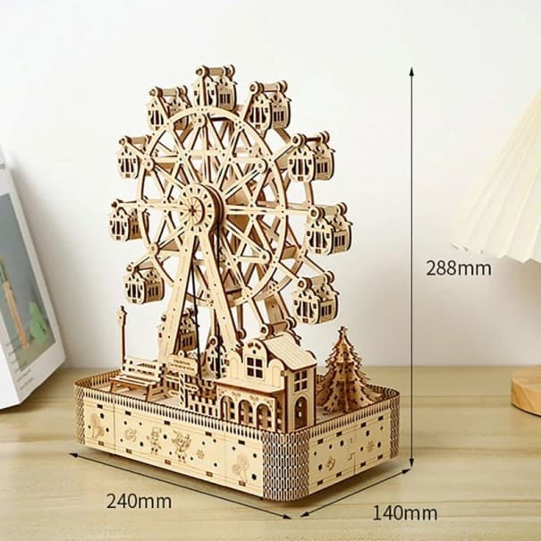 Holz-Riesenrad 24 × 14 × 28,8 cm 3D Puzzle mechanisches Modell Bausatz mit beweglichen Teilen Kreative Dekoration und Geschenk für Erwachsene