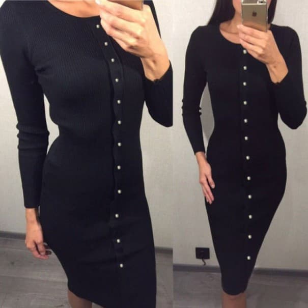 Langes Damenkleid mit Knöpfen J2813 schwarz S