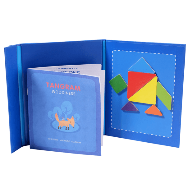 Magnetisches Tangram-Puzzle aus Holz, 35 x 19 cm, Montessori-Puzzlebuch, tragbares Lernspielzeug für Kinder und Vorschulkinder blau