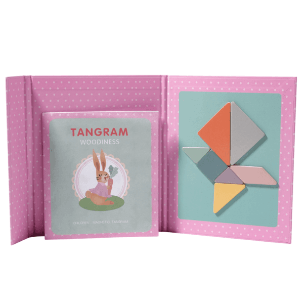 Magnetisches Tangram-Puzzle aus Holz, 35 x 19 cm, Montessori-Puzzlebuch, tragbares Lernspielzeug für Kinder und Vorschulkinder rosa