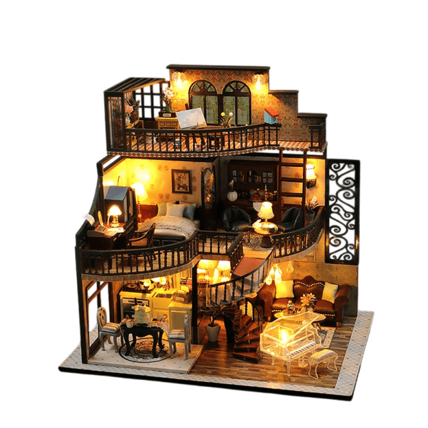 Puppenhaus 24 x 17 x 23,5 cm Miniatur LED Baukasten mit Möbeln Realistisches Modell mit Details Dekoratives beleuchtetes Haus für kreatives