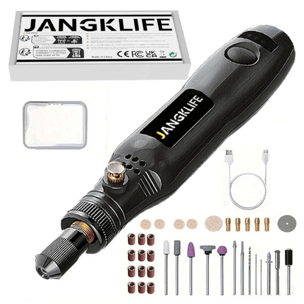 Rotationsgravierstift kabellos USB 15 cm 3 Geschwindigkeiten 3000–15000 U/min Set mit 37 Aufsätzen Schleifer Bohrer Trennscheiben Metall schwarz