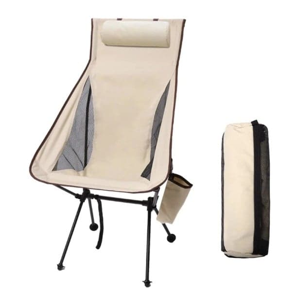Tragbarer Campingstuhl, klappbar, 105 x 43 x 47 cm, Stuhl mit Kopfstütze, leichter Campingstuhl für Reisen, Gartensitzgelegenheit beige
