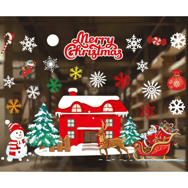 Weihnachtliche Fensteraufkleber 50 x 70 cm PVC-Folie Rotes verschneites Haus Schneeflocken Winterdekoration für Glas und Schaufenster