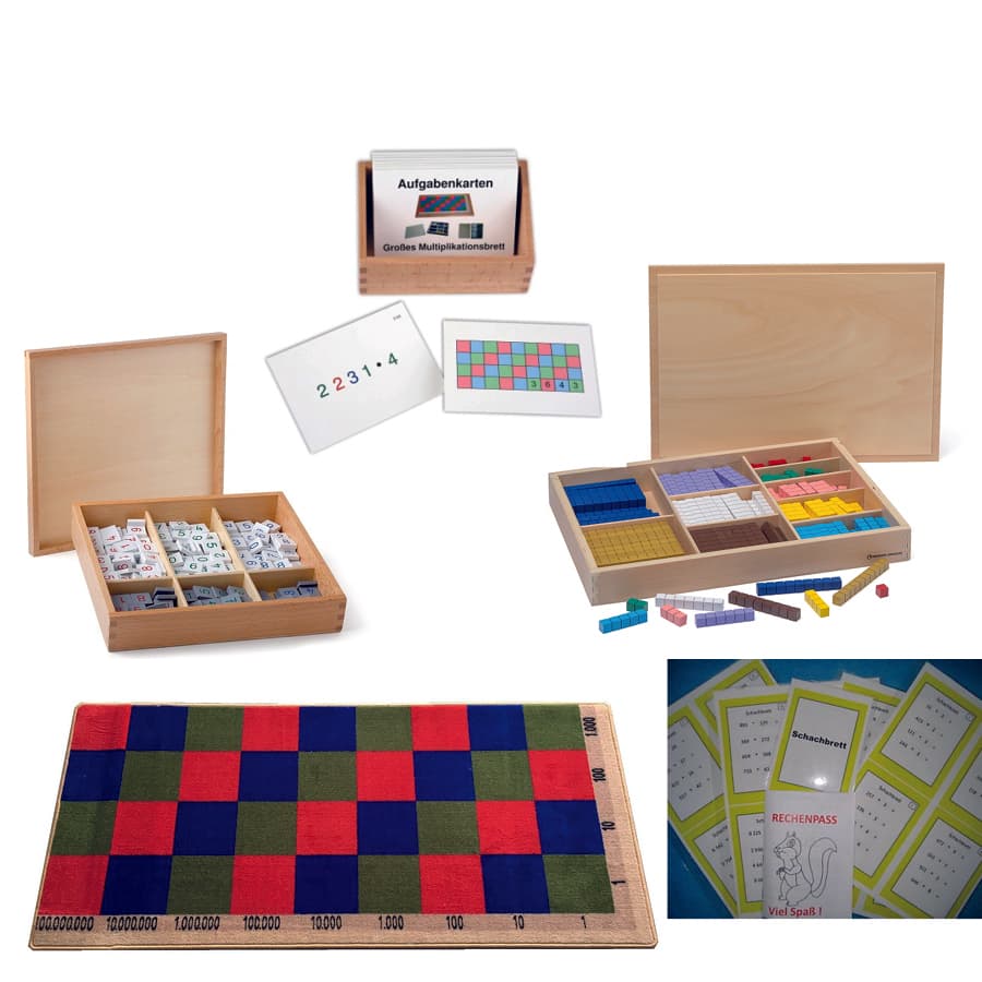 Rechenteppich Große Multiplikation mit Rechenstäbchen, Ziffern und Aufgabenkarten