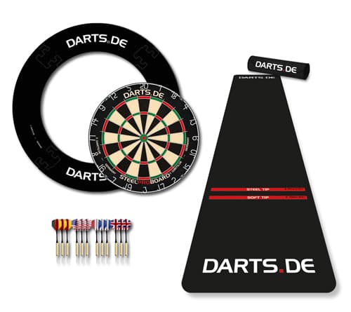 Darts.de Set XL - Dartscheibe (Dartboard) mit 12 Dartpfeilen, Auffangring und Dartteppich