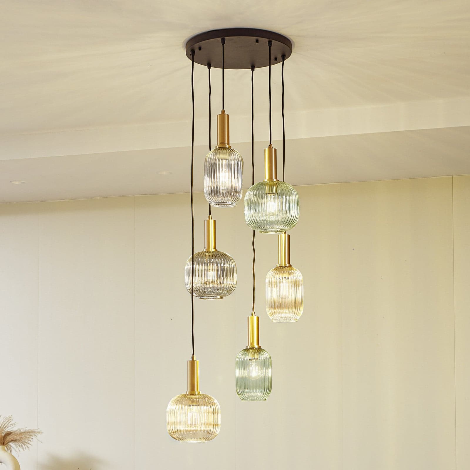 Lindby Hängeleuchte Doroteo, 6-flg., grün/amber/grau, Glas - Esszimmer - Vintage - Mehrflammig