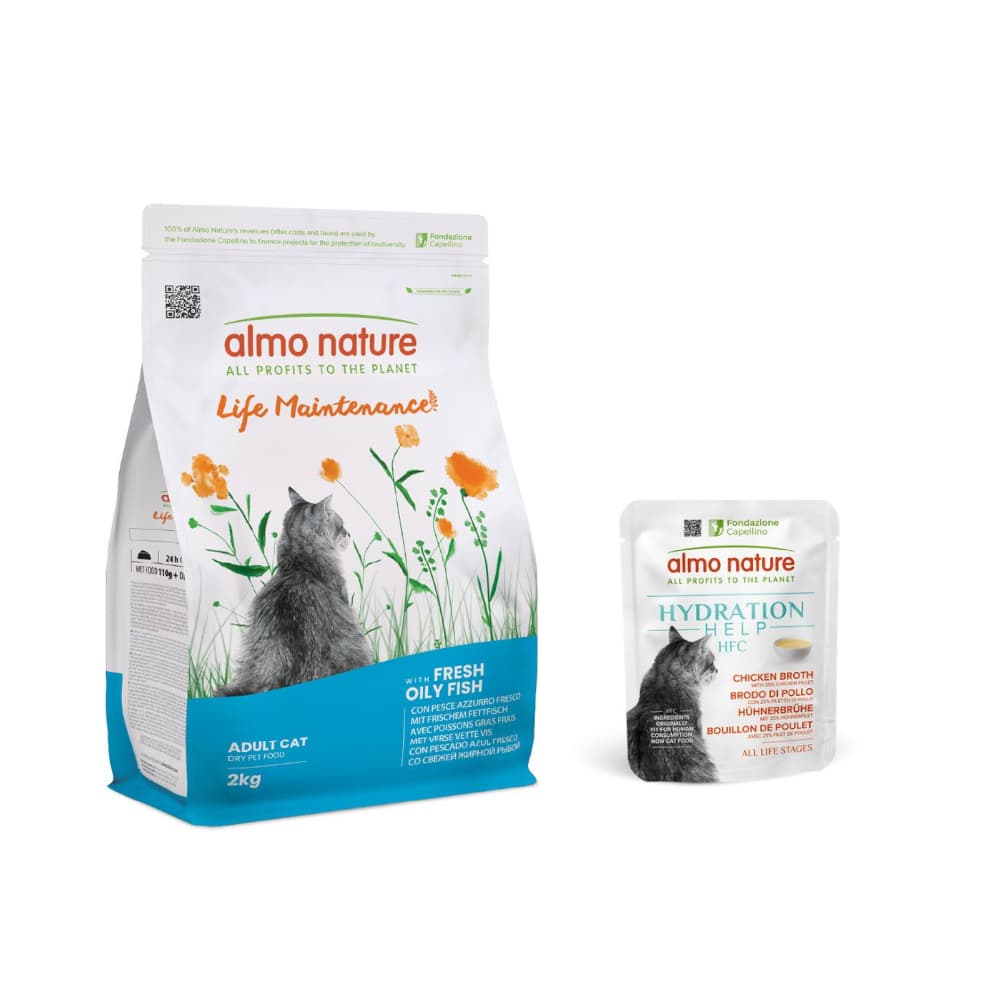 2 kg Almo Nature Functional + 6 x 50 g HFC Hydration Help gratis! - Life Maintenance Fettfisch & Reis + 6 x 50 g Hühnerbrühe mit Hühnerfilet