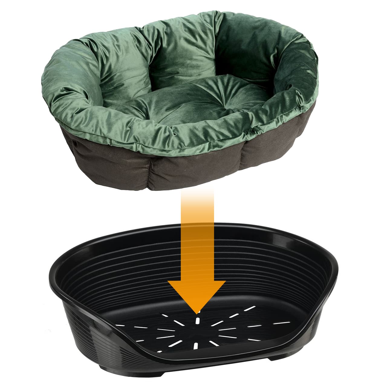 Set aus Ferplast Korb Siesta Deluxe mit Überzug Sofà Samt grün - Set Größe 8: Korb + Überzug + Füße