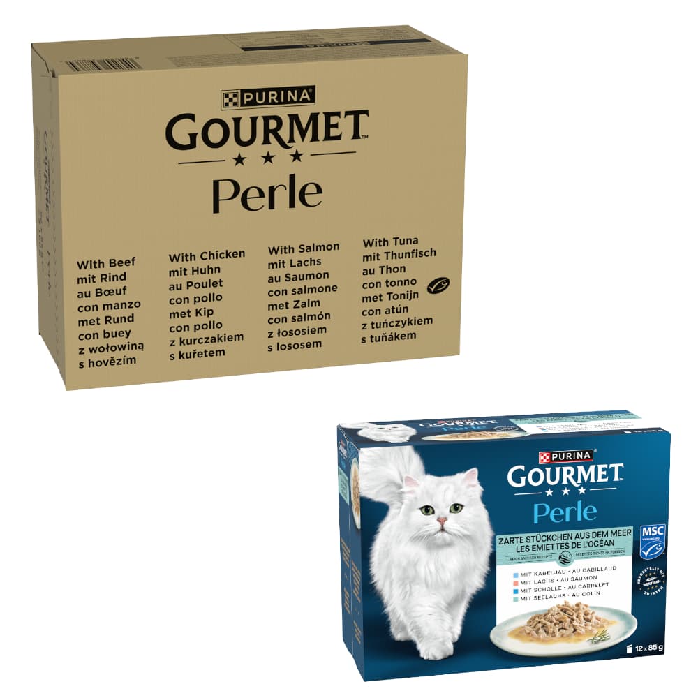 96 x 85 g Jumbopack Gourmet Perle + 12 x 85 g Gemischte Auswahl gratis! - Rind, Huhn, Lachs, Thunfisch in Sauce
