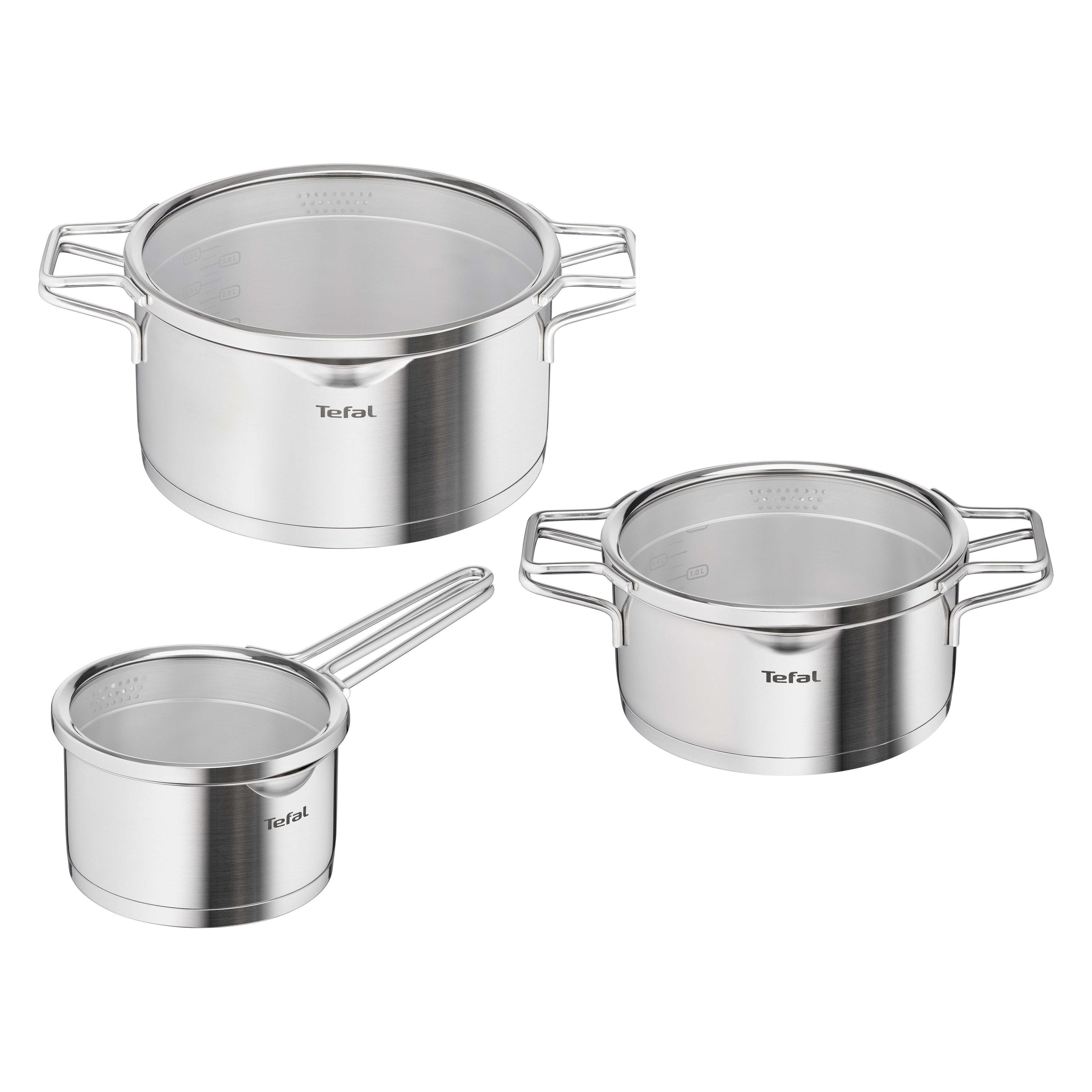 Tefal Nordica Kochgeschirr-Set 6-teilig, Edelstahltöpfe, Siebeinsatz-Deckel, Pfanne + Kochtopf, Silber