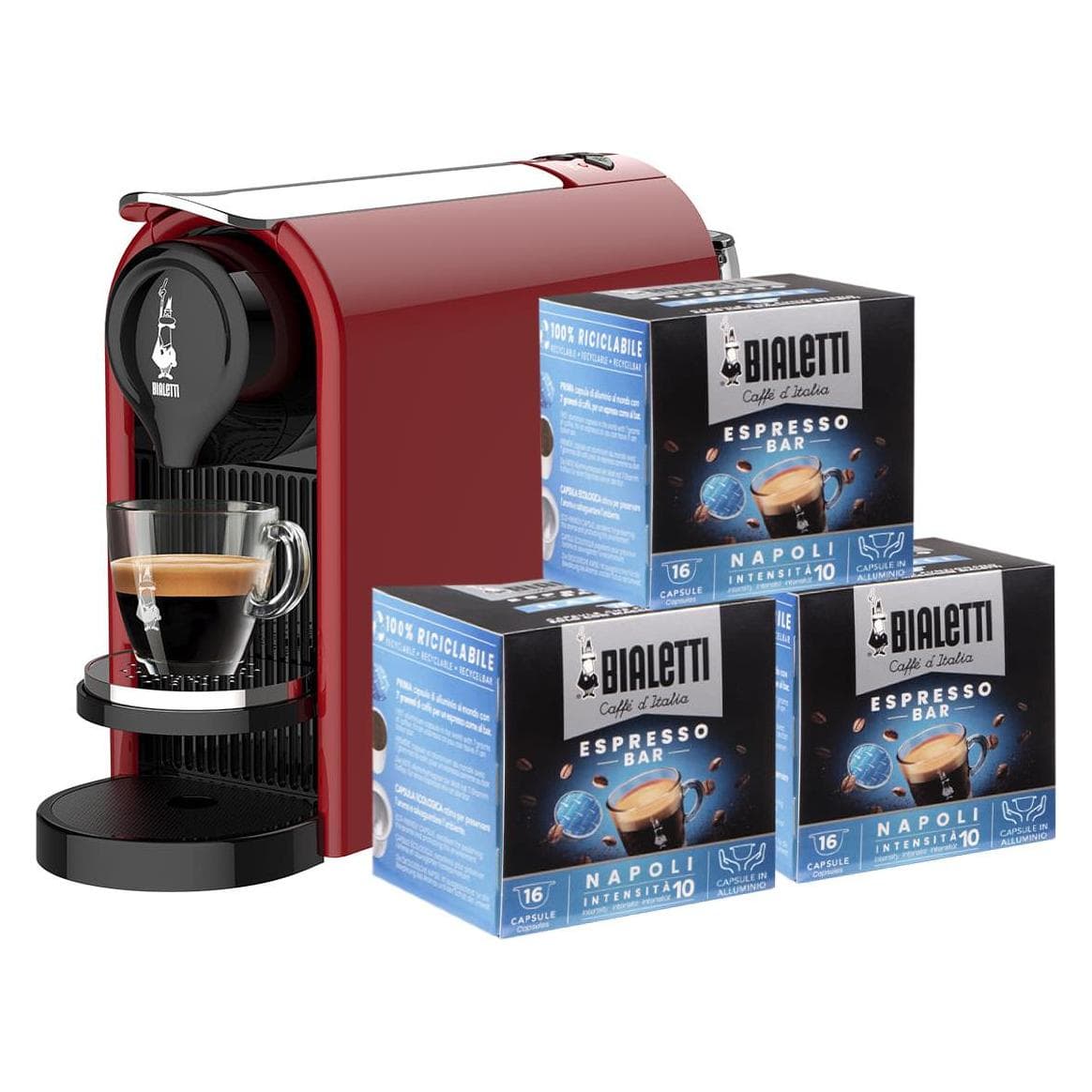 Bialetti Macchina Caffe' Gioia Plus Rosso Include, Kapselmaschine, Schwarz, Rot, Silber