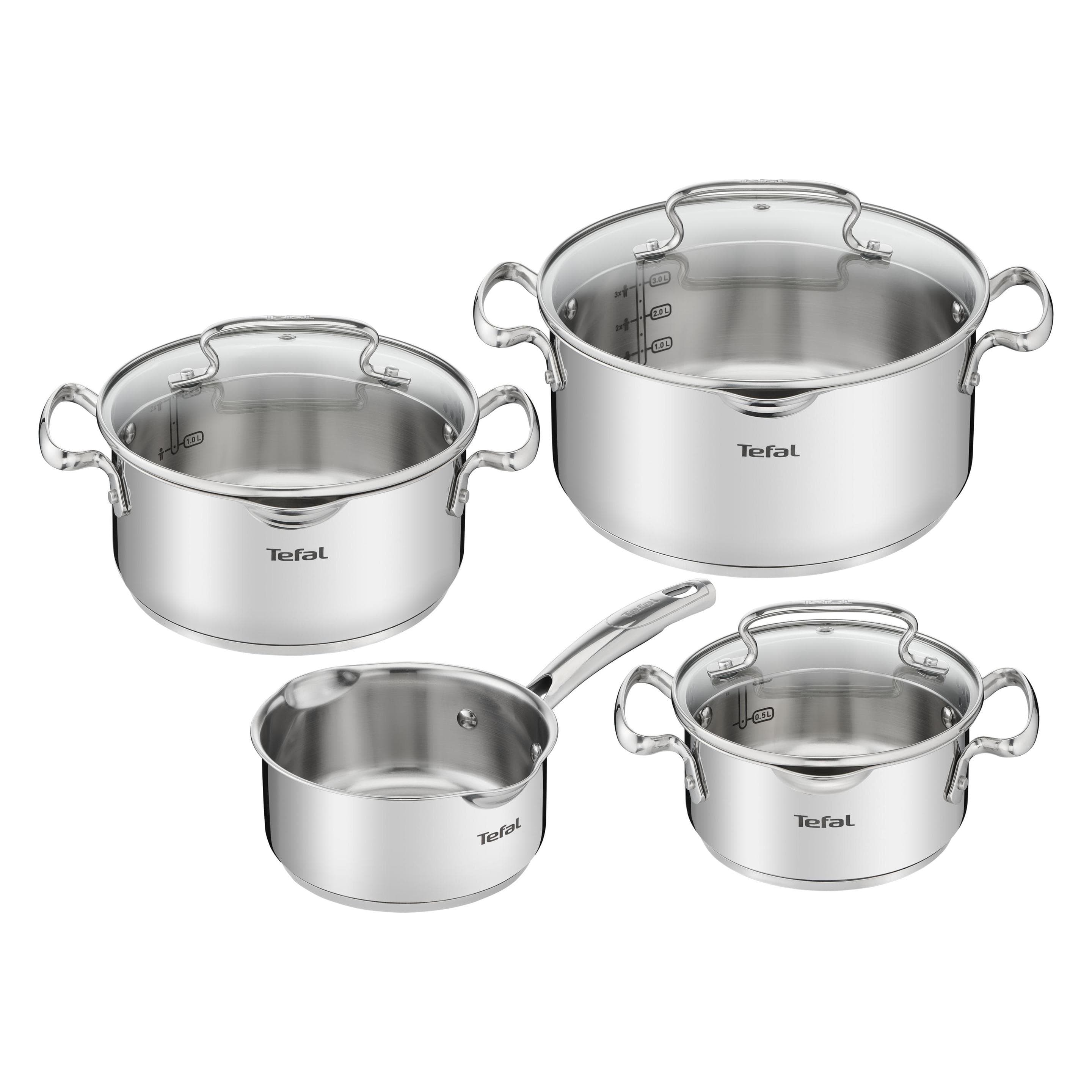Tefal Duetto Plus Topf-Set 7-teilig, Edelstahl-Kochgeschirr mit Messmarkierungen, Pfanne + Kochtopf, Silber