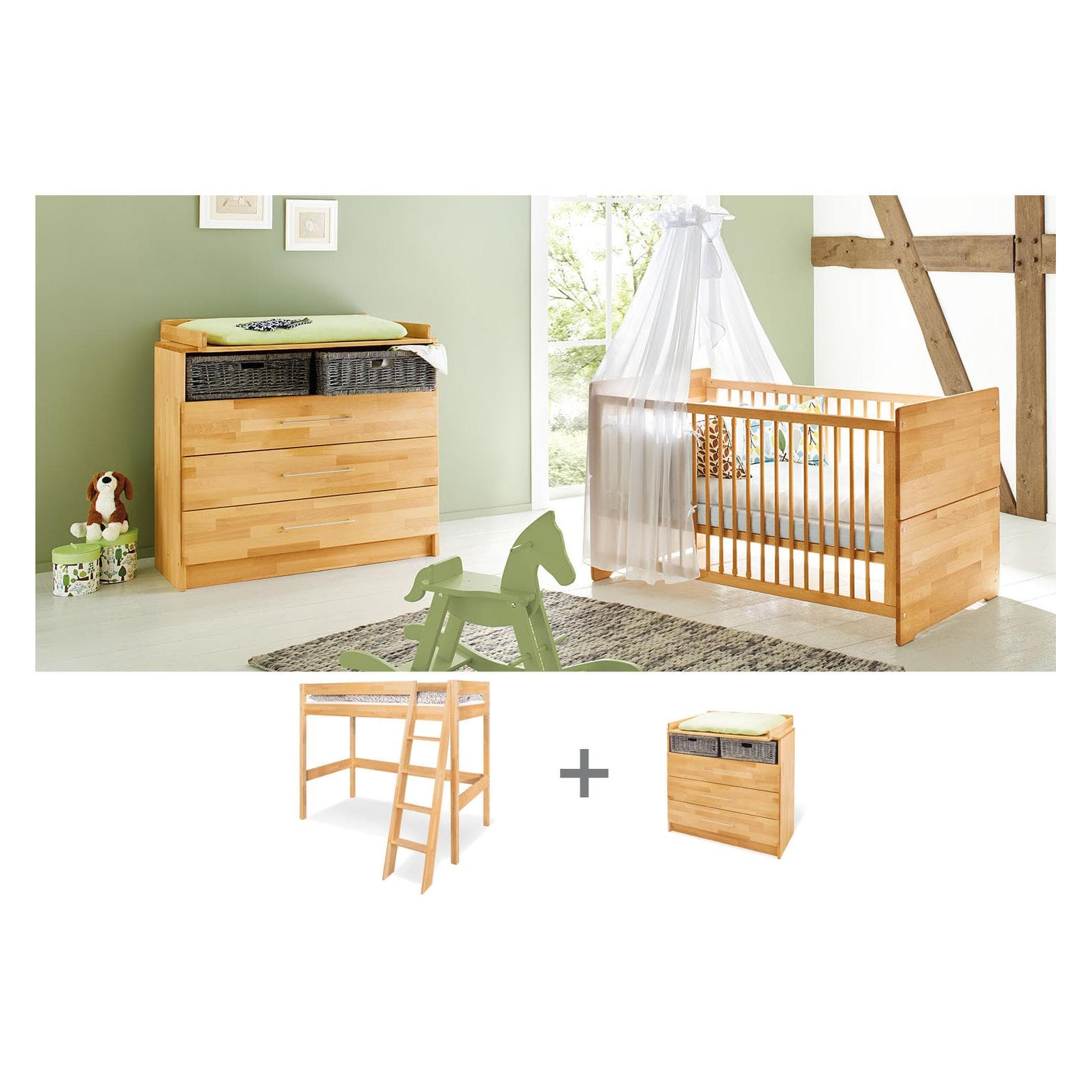 Pinolino, Komplett-Babyzimmer, Jugendzimmer „Natura” breit mit Hochbett, 2-tlg.
