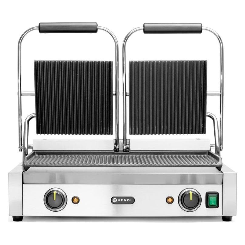 Hendi Paninigrill doppelt, o. und u. gerillt, Kontaktgrill, Schwarz, Silber