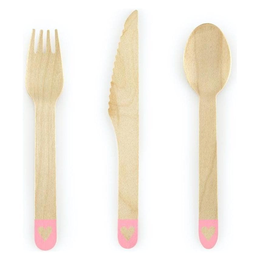Partydeco, Einweggeschirr, Holzbesteck - Rosa Herz (18 Stck.) (18x)