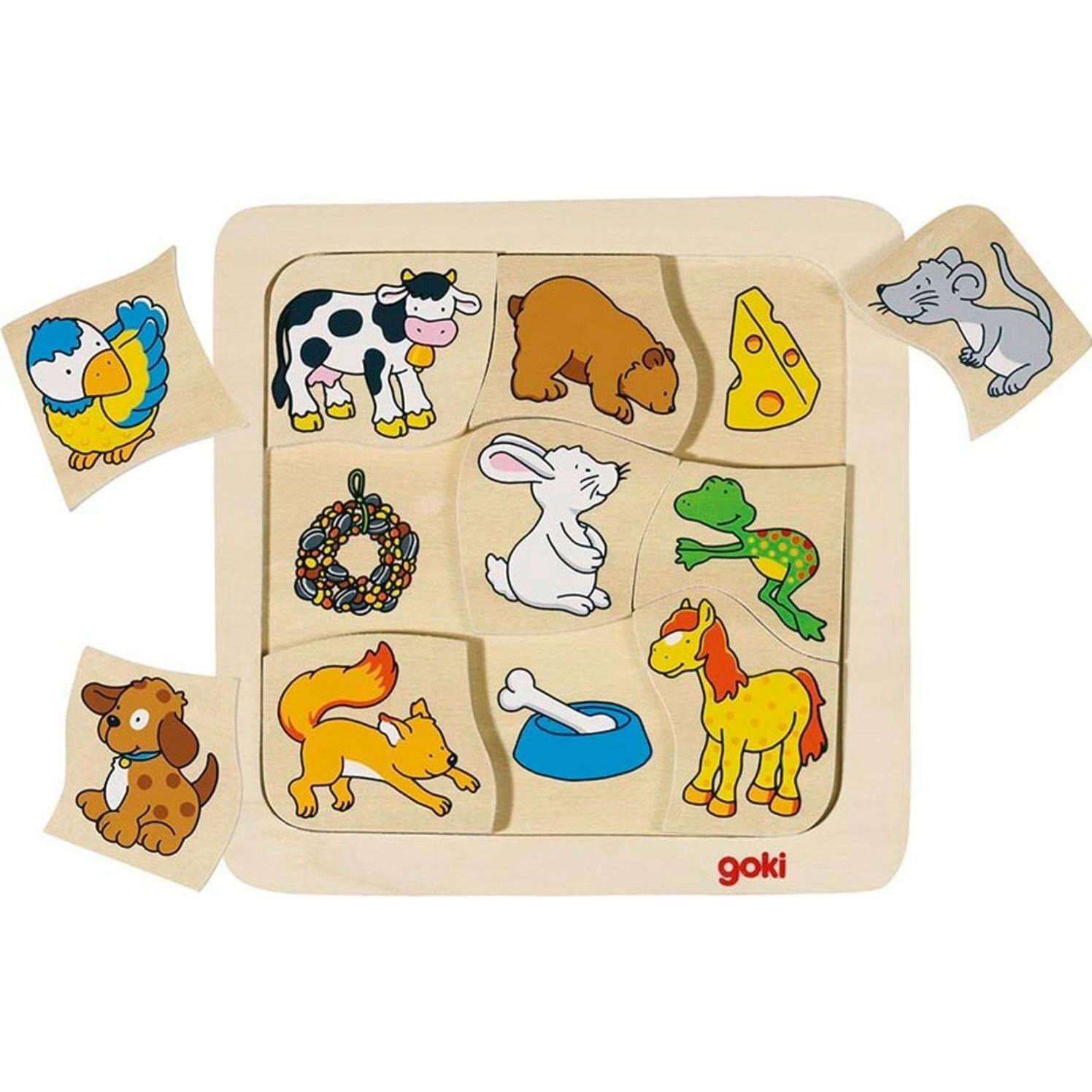 Goki Puzzle hölzerne Jigsaw wer was isst? (Deutsch, Englisch, Französisch, Italienisch)