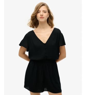 Superdry für Damen. W8011880A Bedruckter kurzärmeliger Jumpsuit schwarz (XS), Lässig, Viskose, Kurzarm